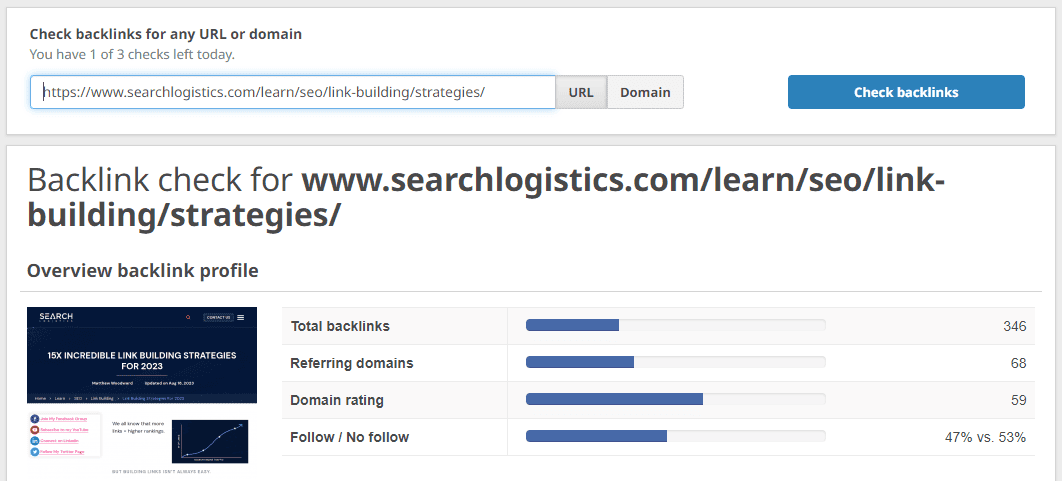 Seobility Backlink Checker Results 1
