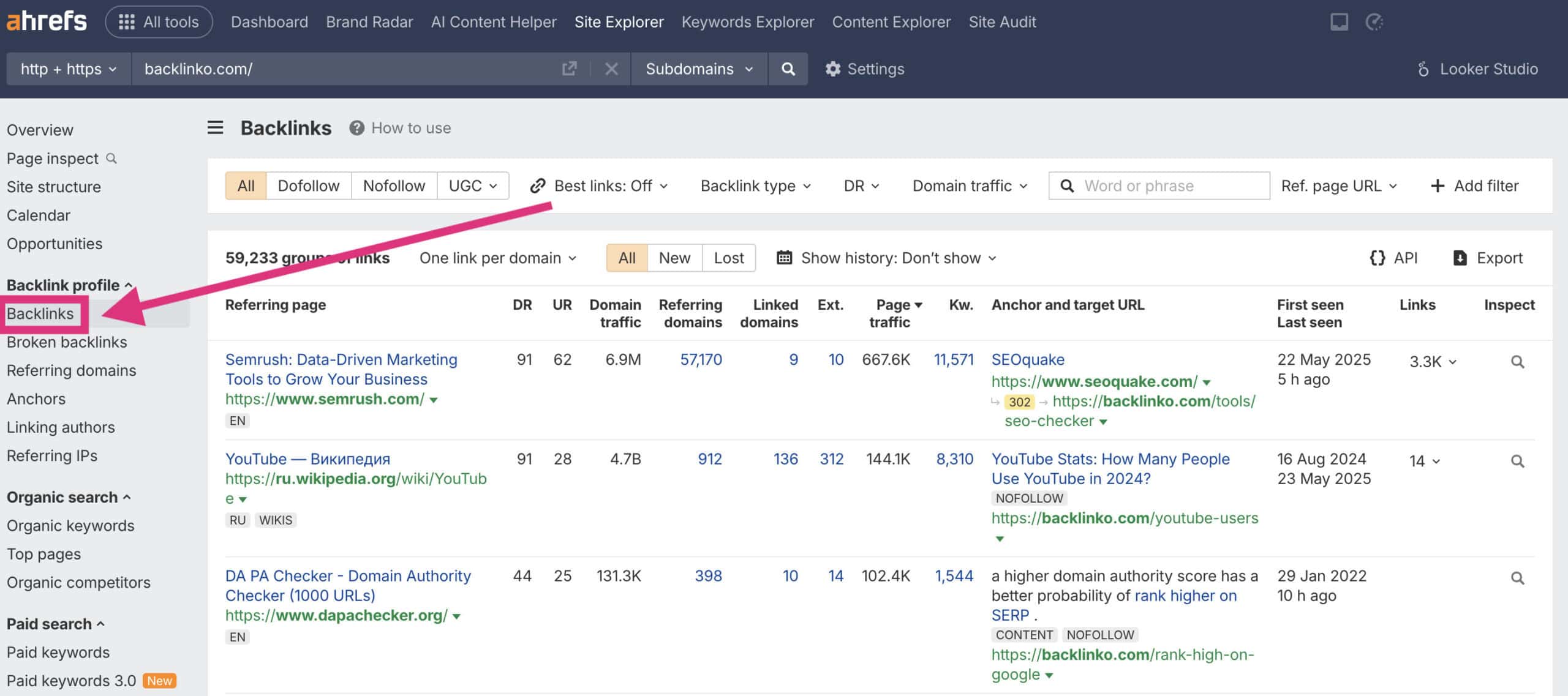 competitor site explorer backlinks tab