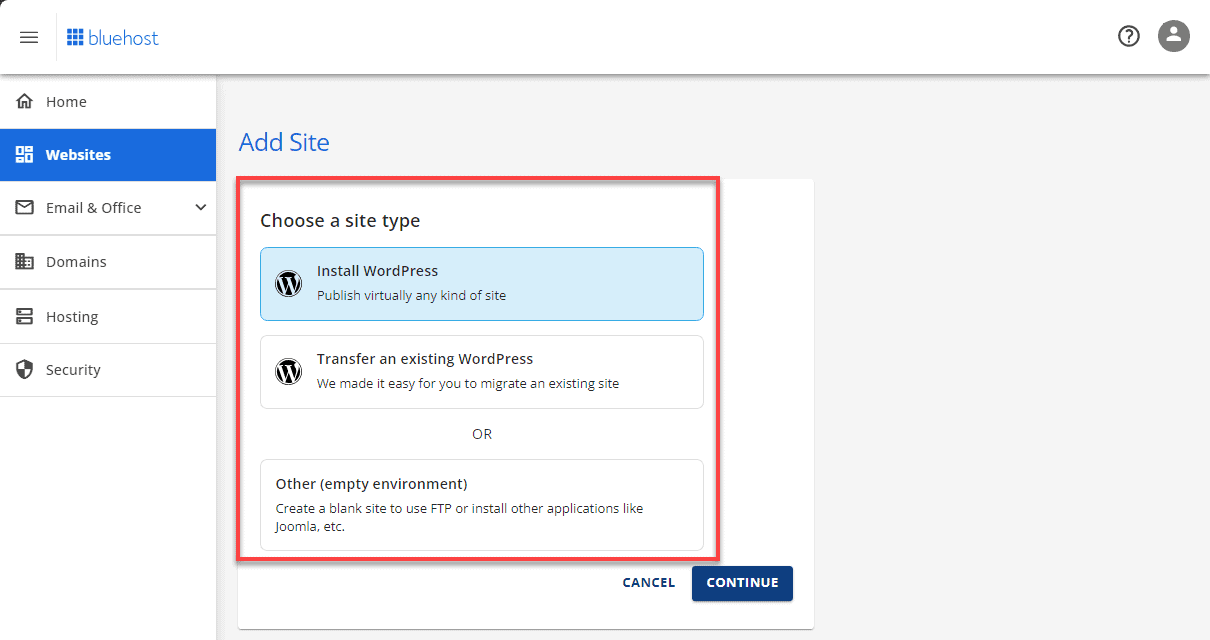 bluehost add site 