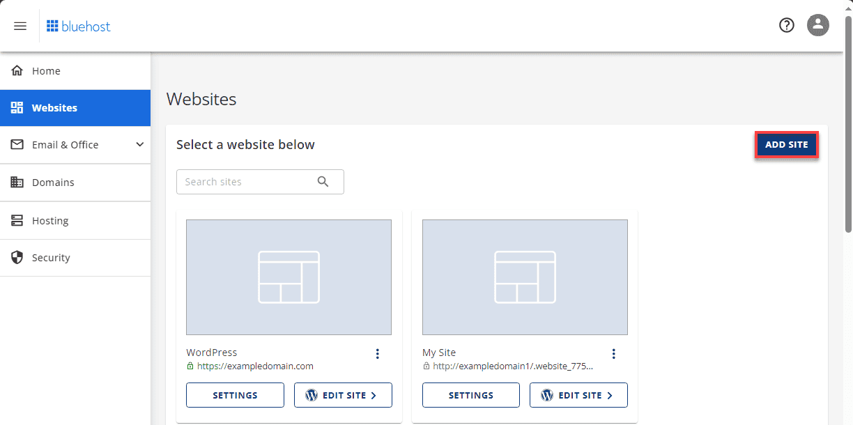 bluehost add site