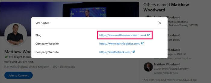 LinkedIn Profile Websites Example