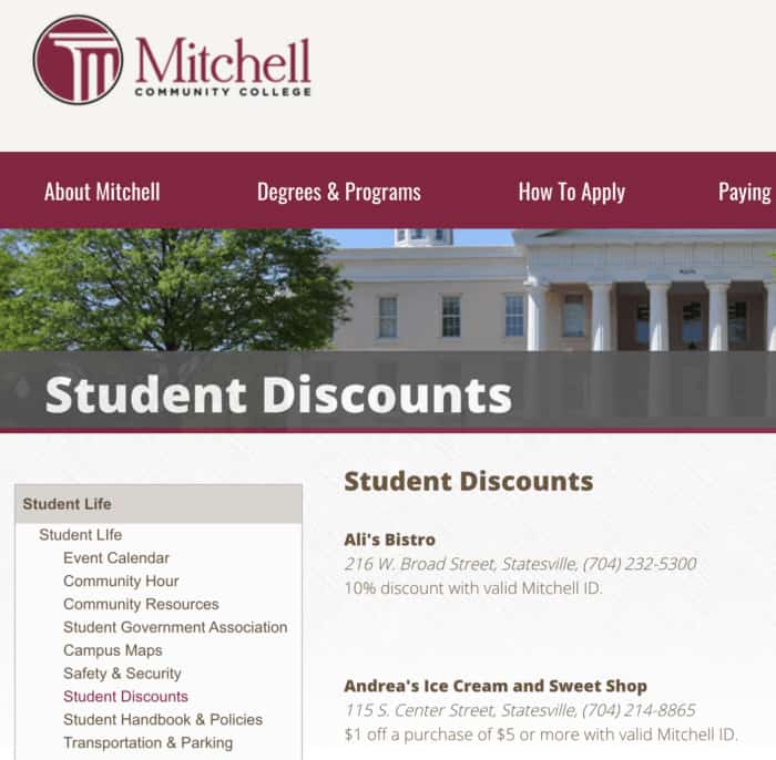 student discount page