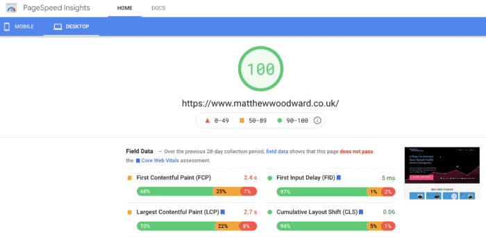 google page speed score