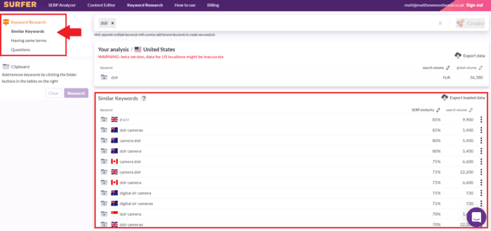Surfer Keyword Research 2