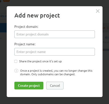 add new project semrush
