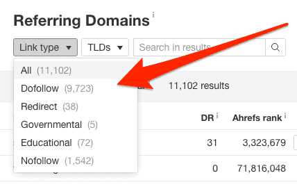 ahrefs filter by backlink type