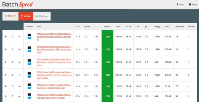 batch google page speed results