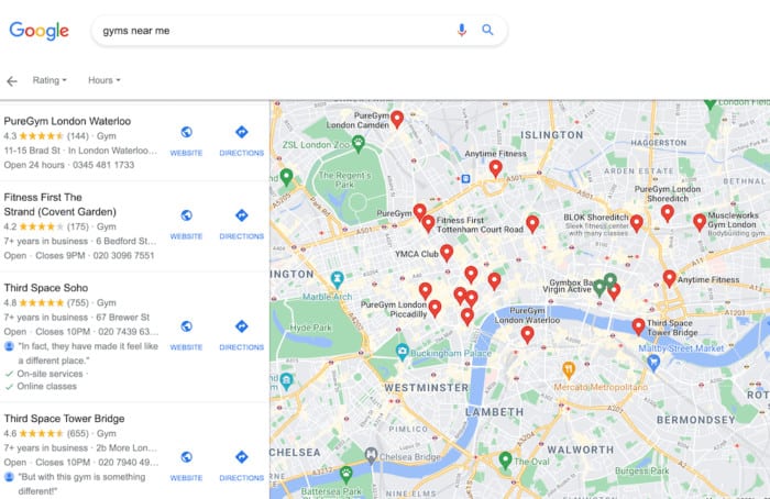 broad google search results for gyms near me