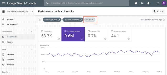 clicking new performance google search console