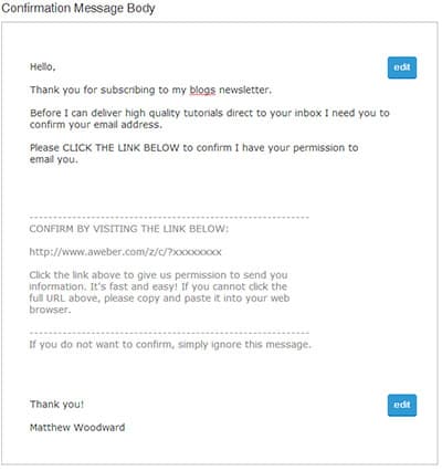 aweber confirmation message