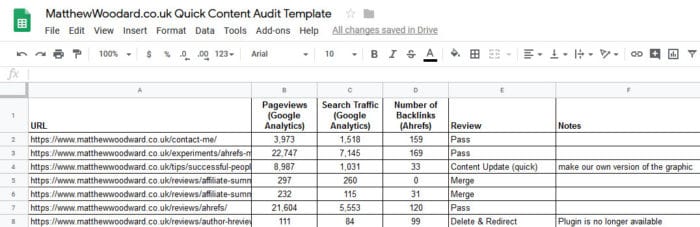 content audit spreadsheet template
