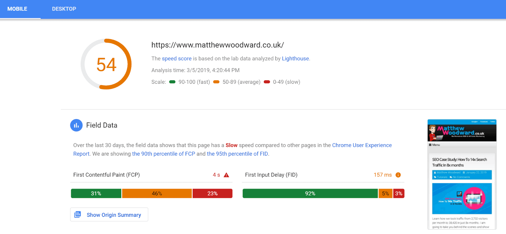 Google on-Page Speed Insights test results for mobile