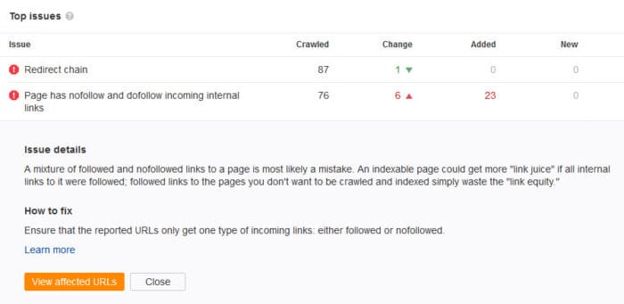 Ahrefs site audit explains the problems