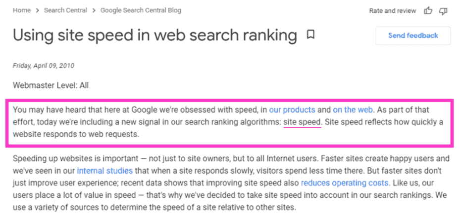 site speed confirmed google ranking factor