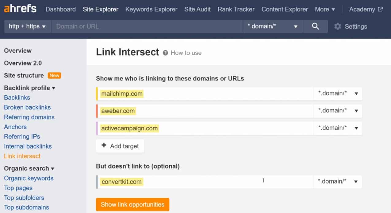 ahrefs link intersect tool