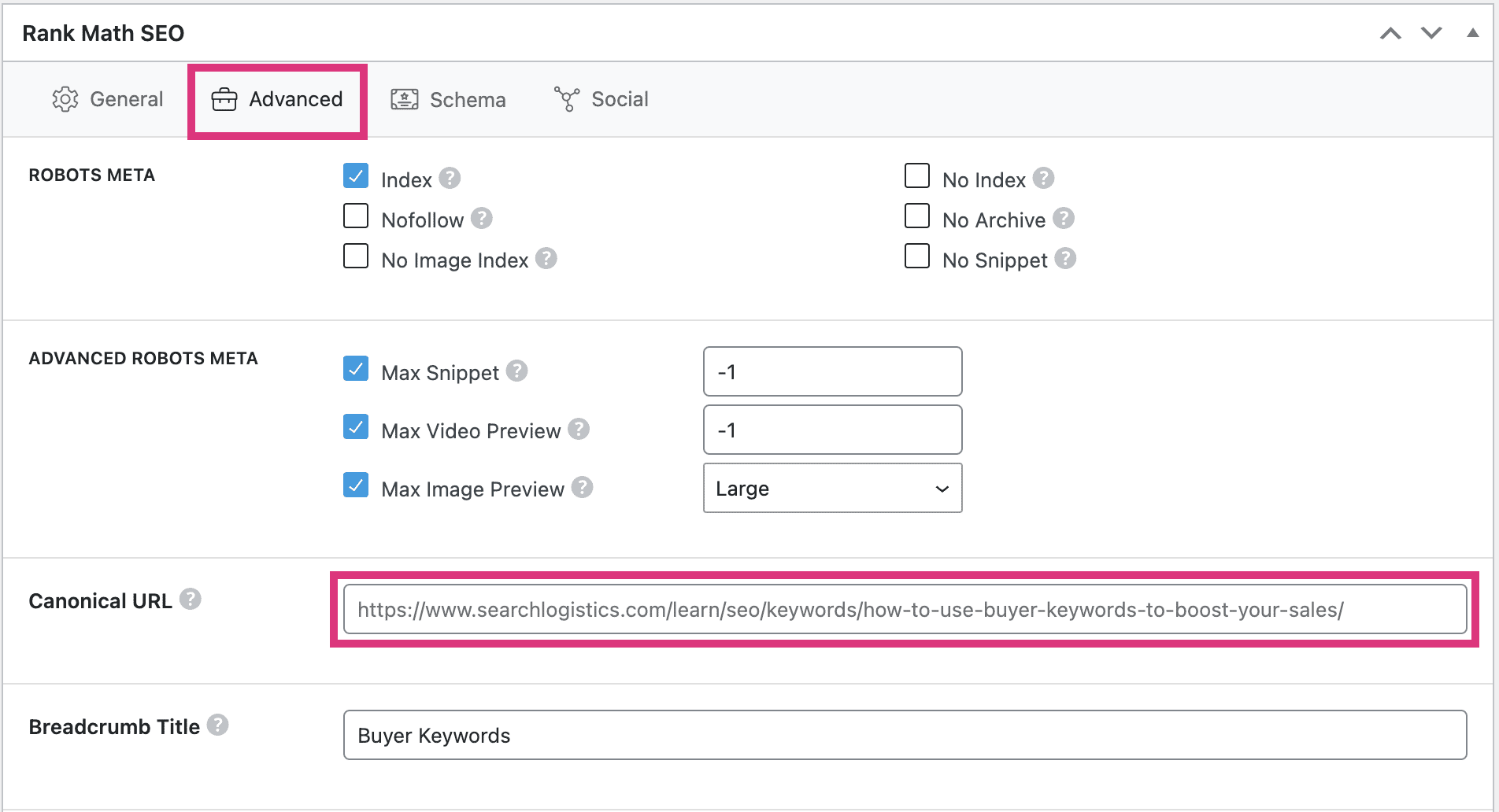 canonical url field in advanced tab