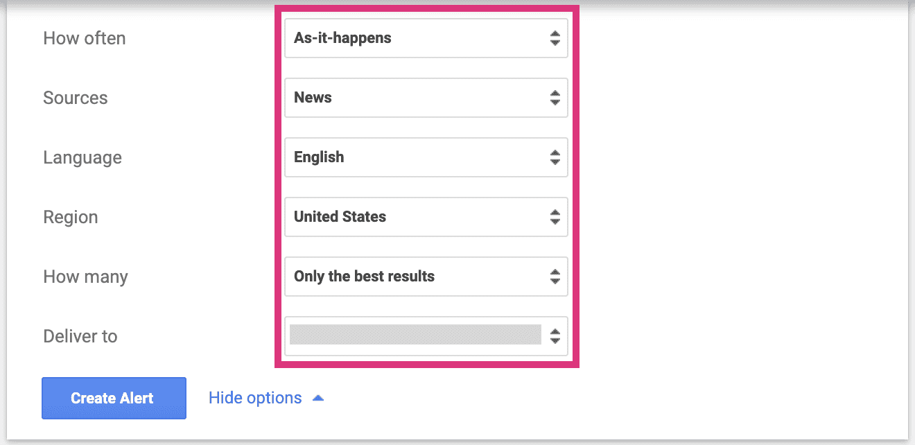 customising google alert options