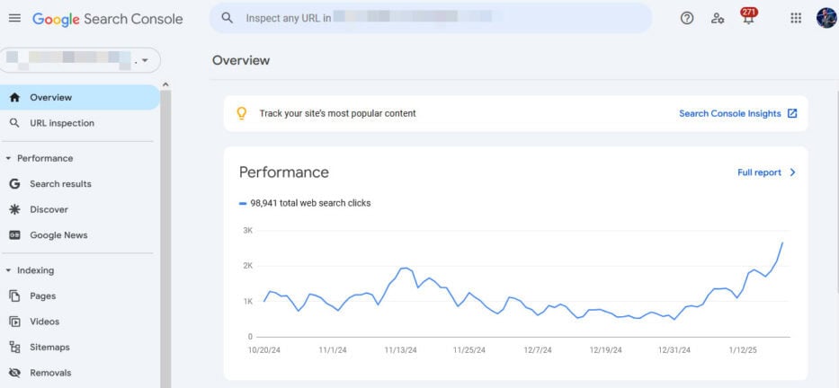 google search console main dashboard
