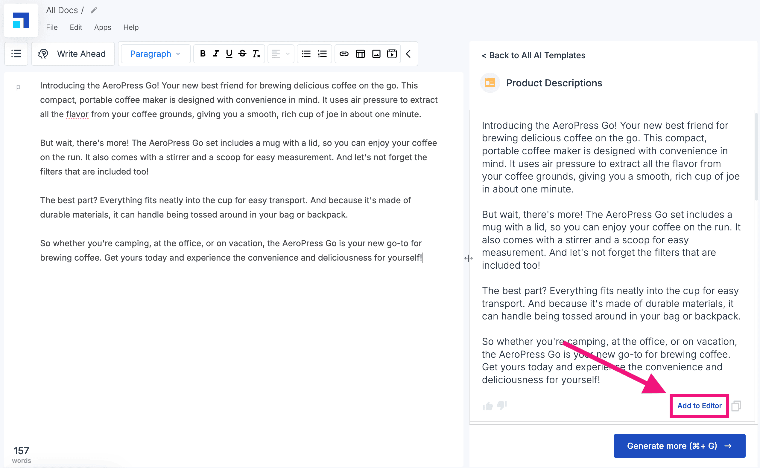 add copy to editor to make changes