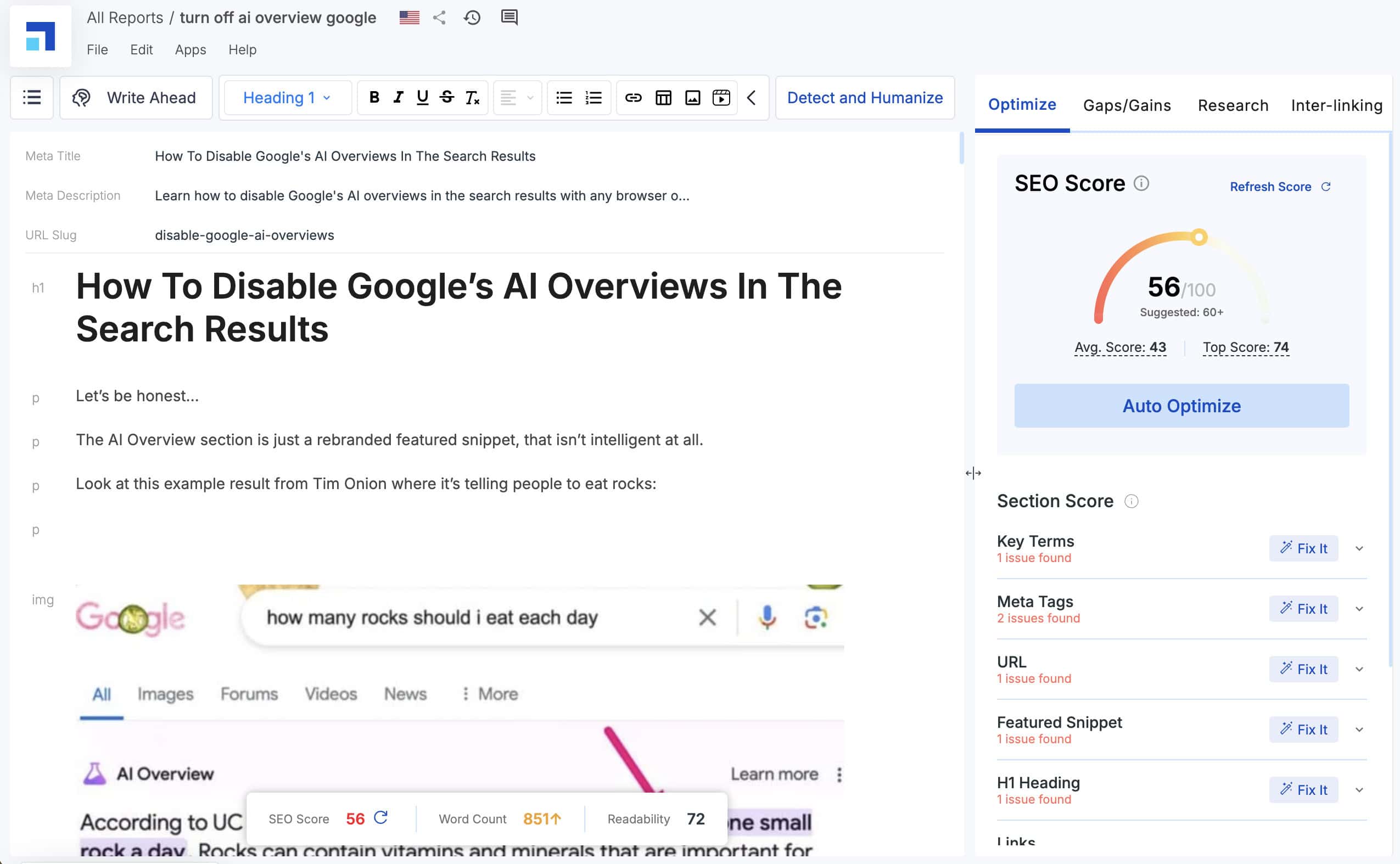 content score inside content optimiser