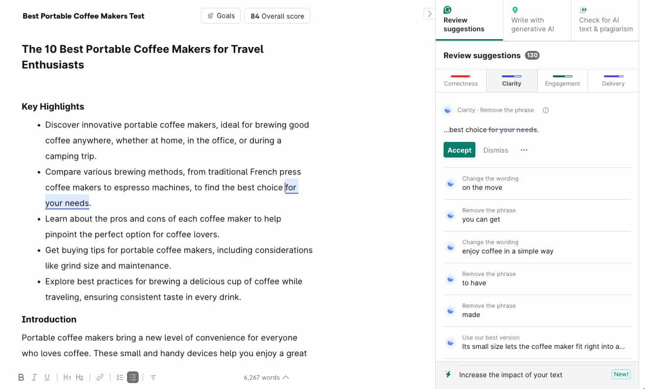 Grammarly correctness and clarity test