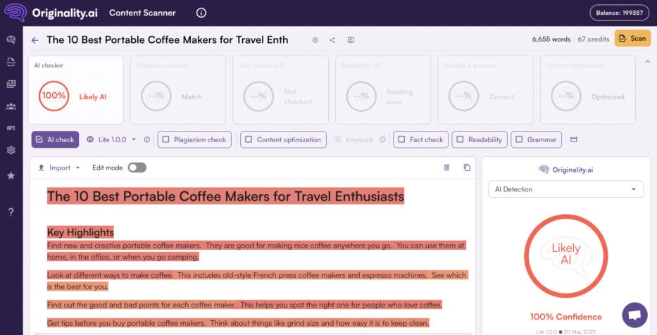 originality humanised ai detection results