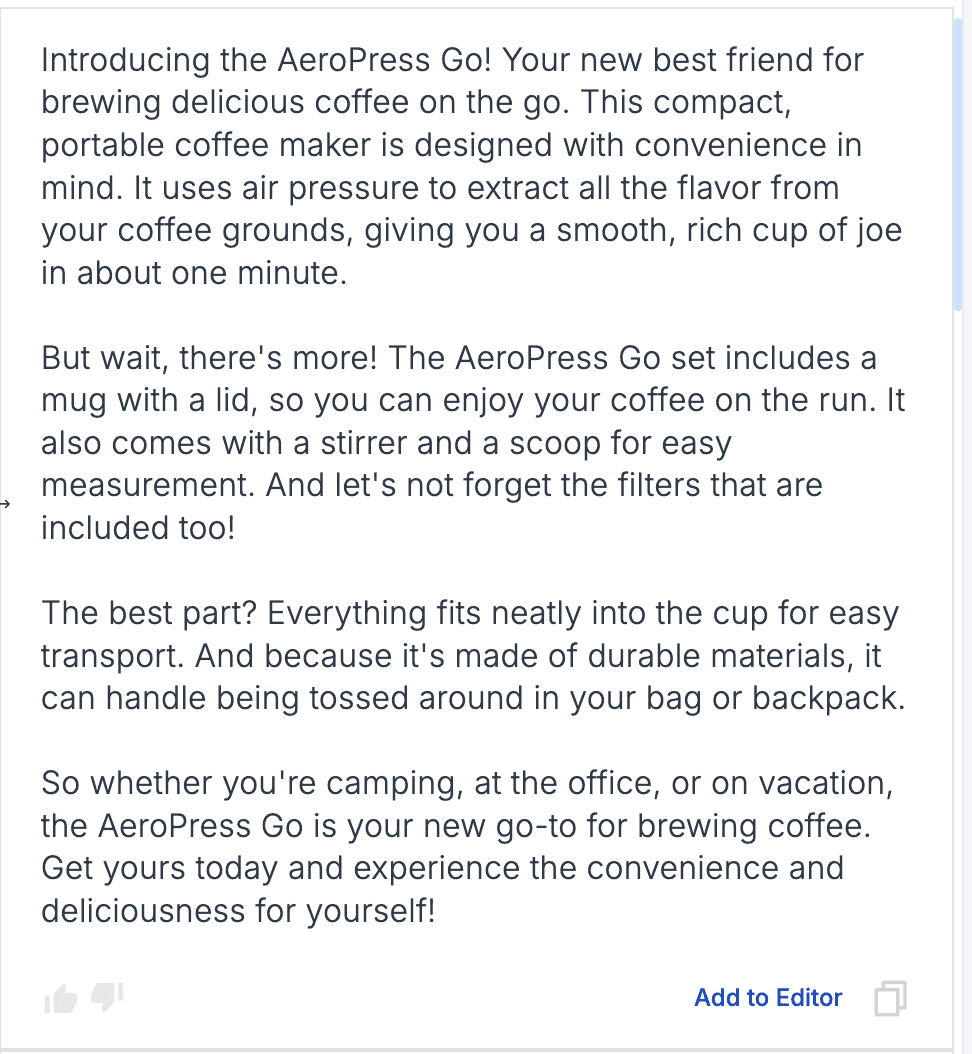 product description copywriting output