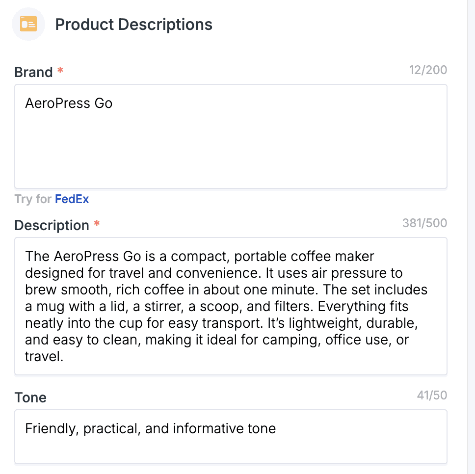 product description input details