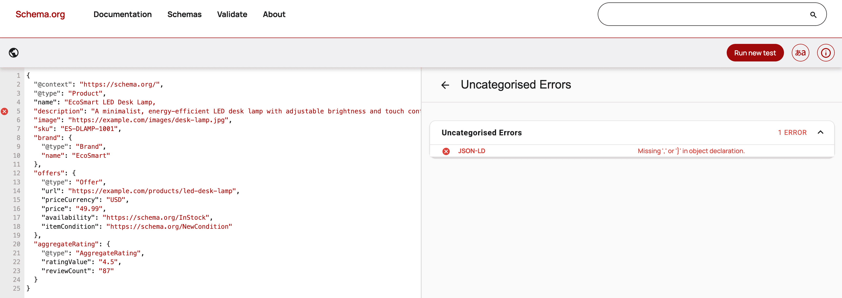 product schema test issue