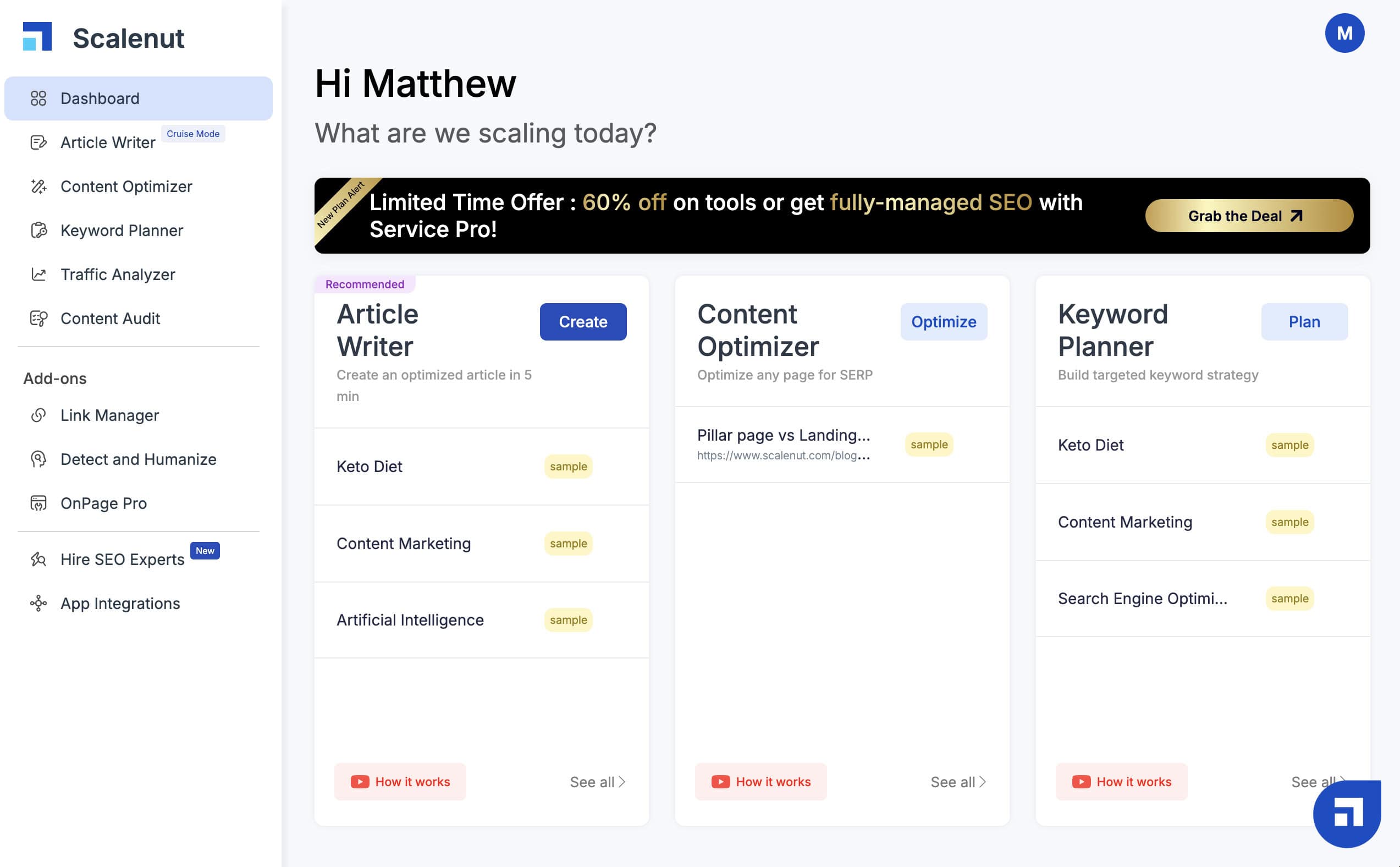 scalenut account dashboard
