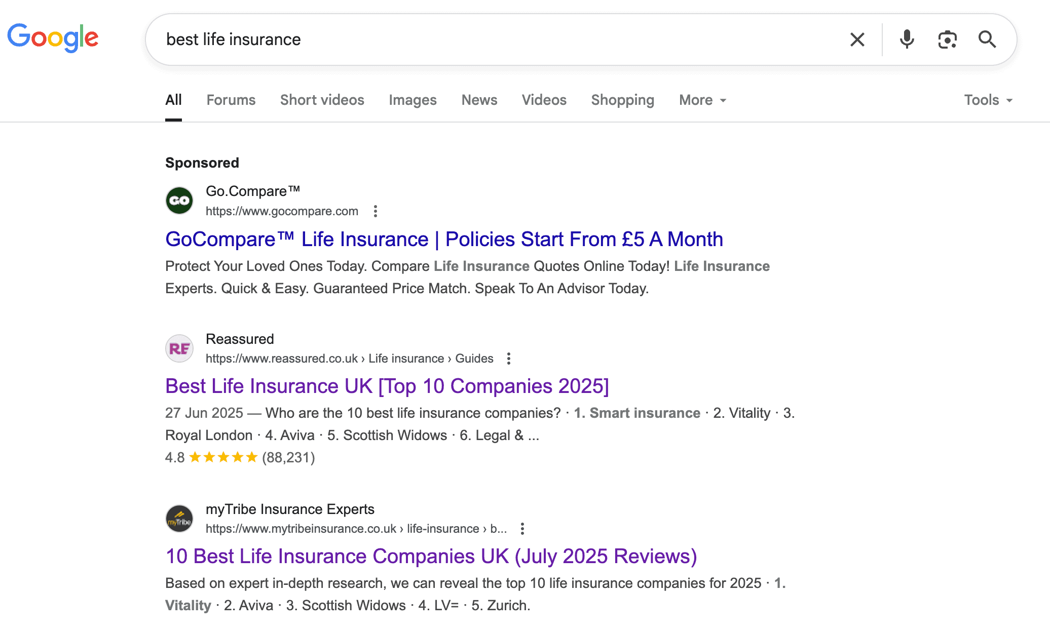 best life insurrance google results