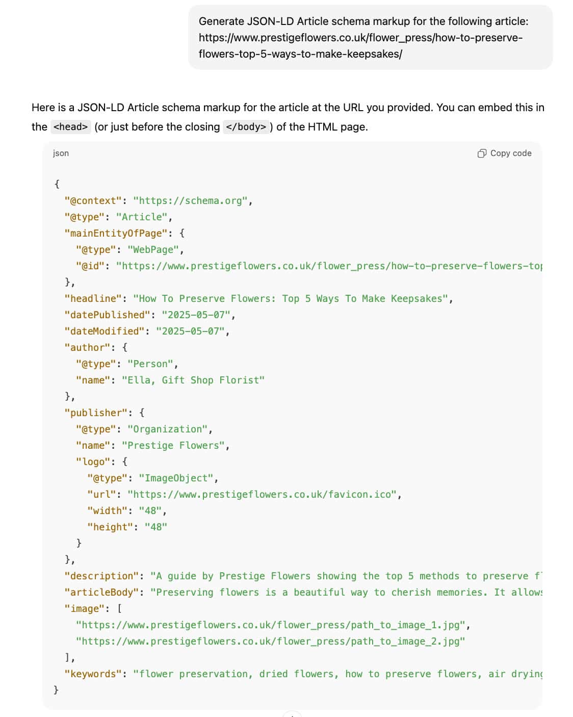 article schema markup by ChatGPT