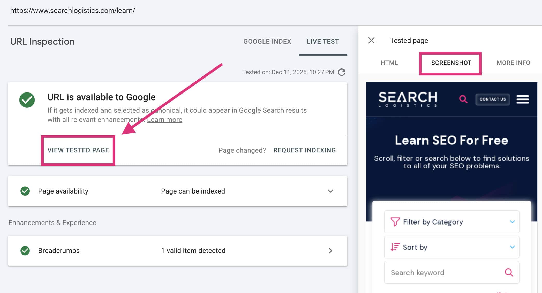 view tested page screenshot