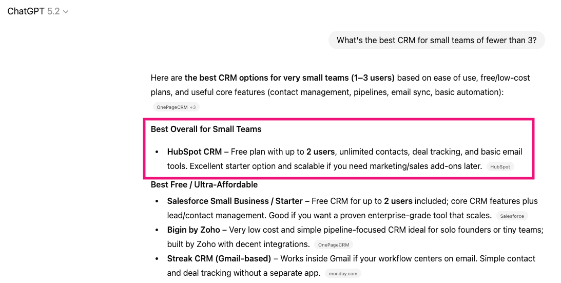 What's the best CRM for small teams of fewer than 3? chatgpt results