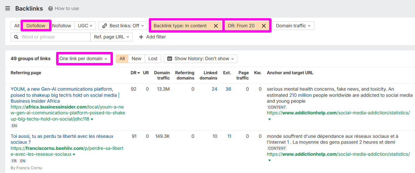 ahrefs filter by links