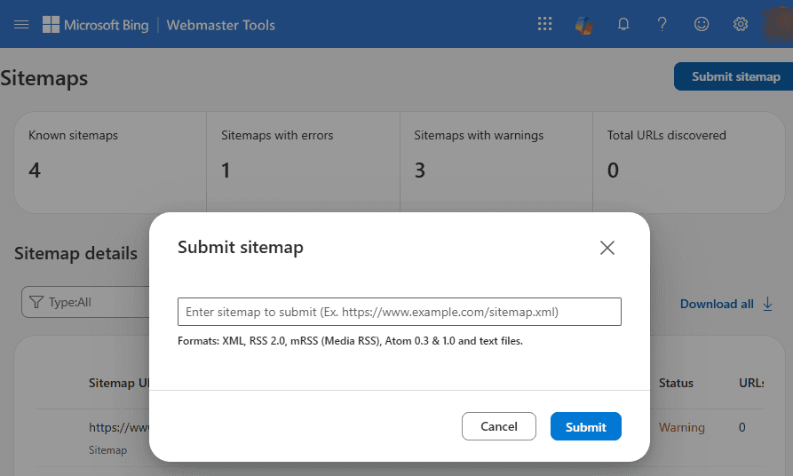 submit sitemap bing webmaster tools