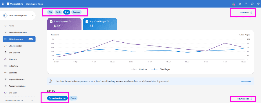 export grounding queries Bing