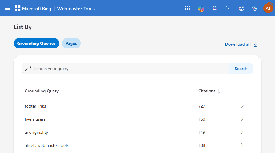 bing grounding queries report