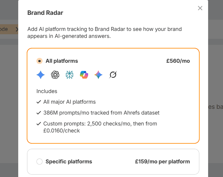 Ahrefs brand radar costs