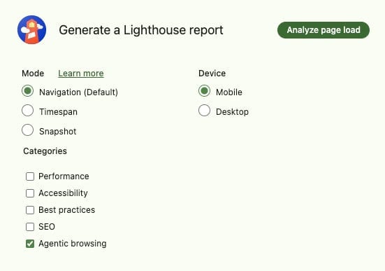 lighthouse agentic browsing settings