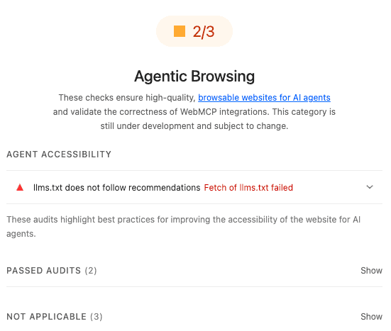 agentic browsing audit results in lighthouse