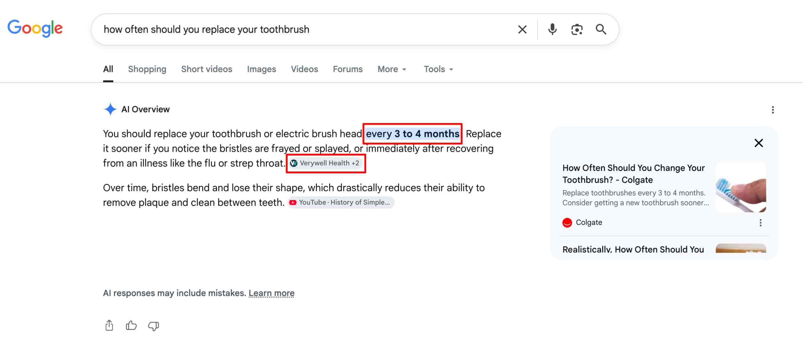 AI overview for "how often should you replace your toothbrush"