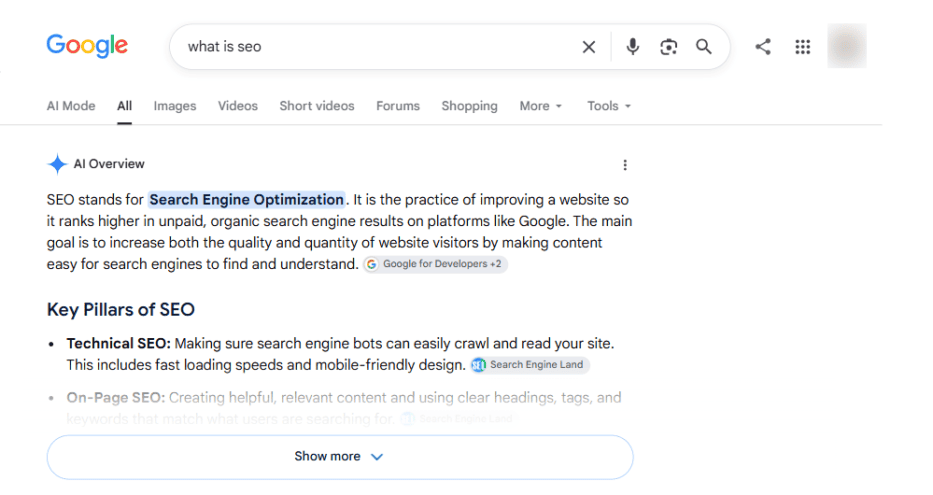 Google AI Overview answering a question
