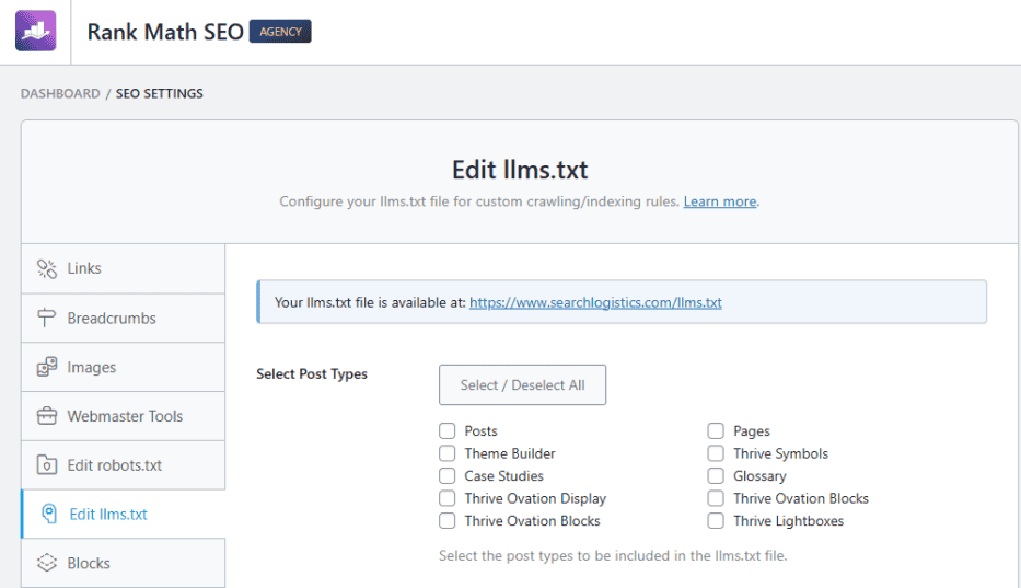 Rankmath lllms.txt file editor